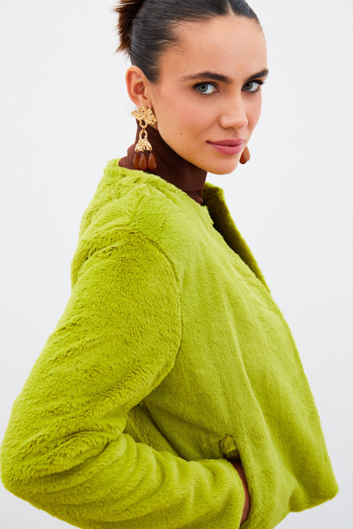 Yakasız Peluş Ceket - YEŞİL