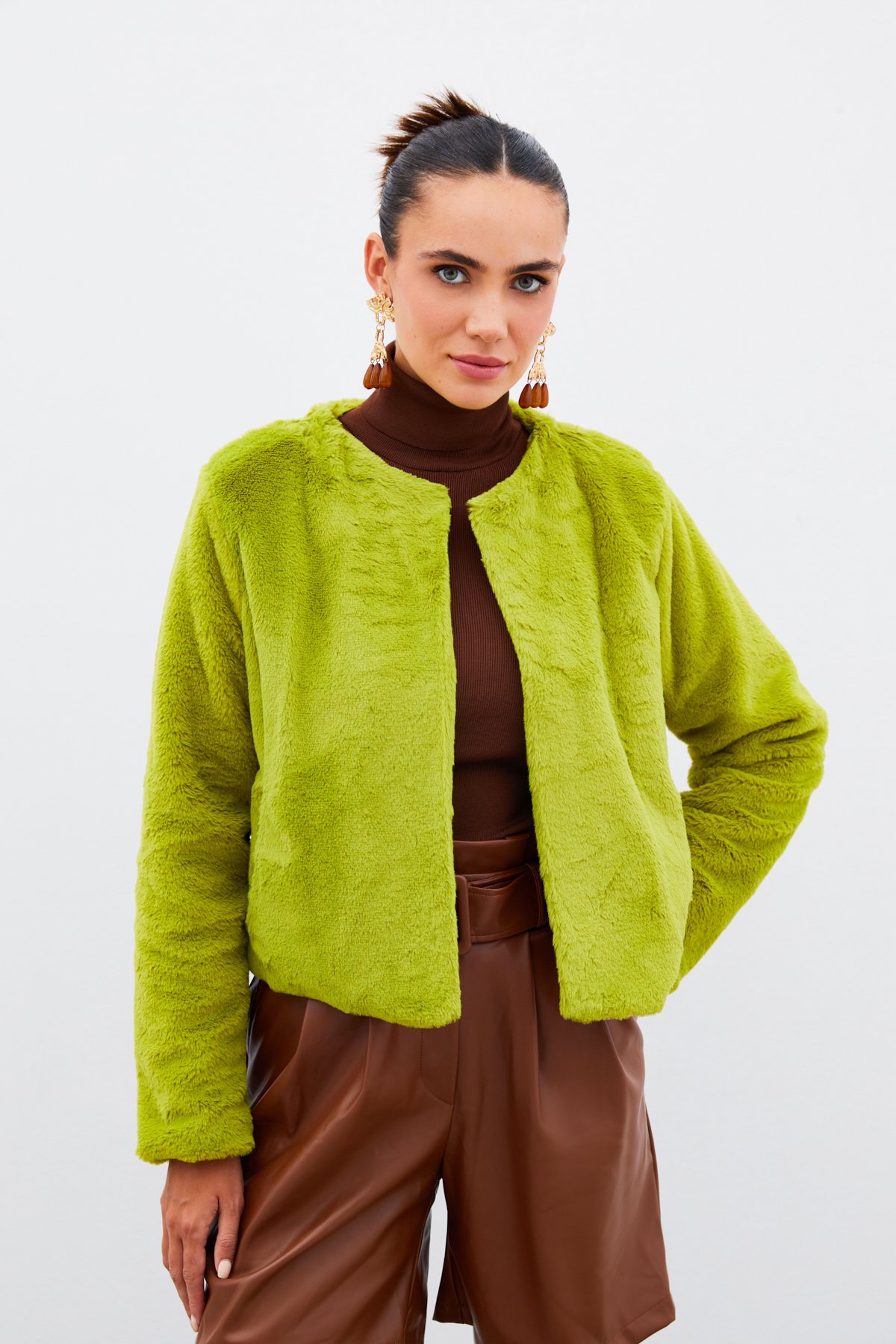 Yakasız Peluş Ceket - YEŞİL