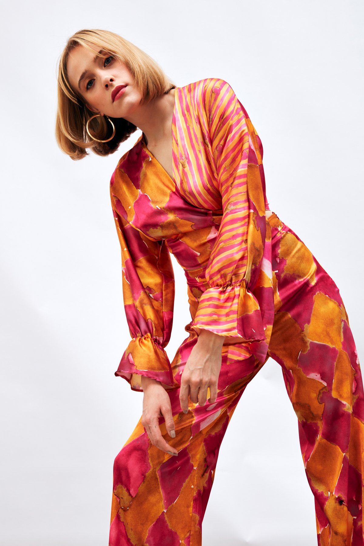 Yan Bağlamalı Desenli Bluz - FUŞYA