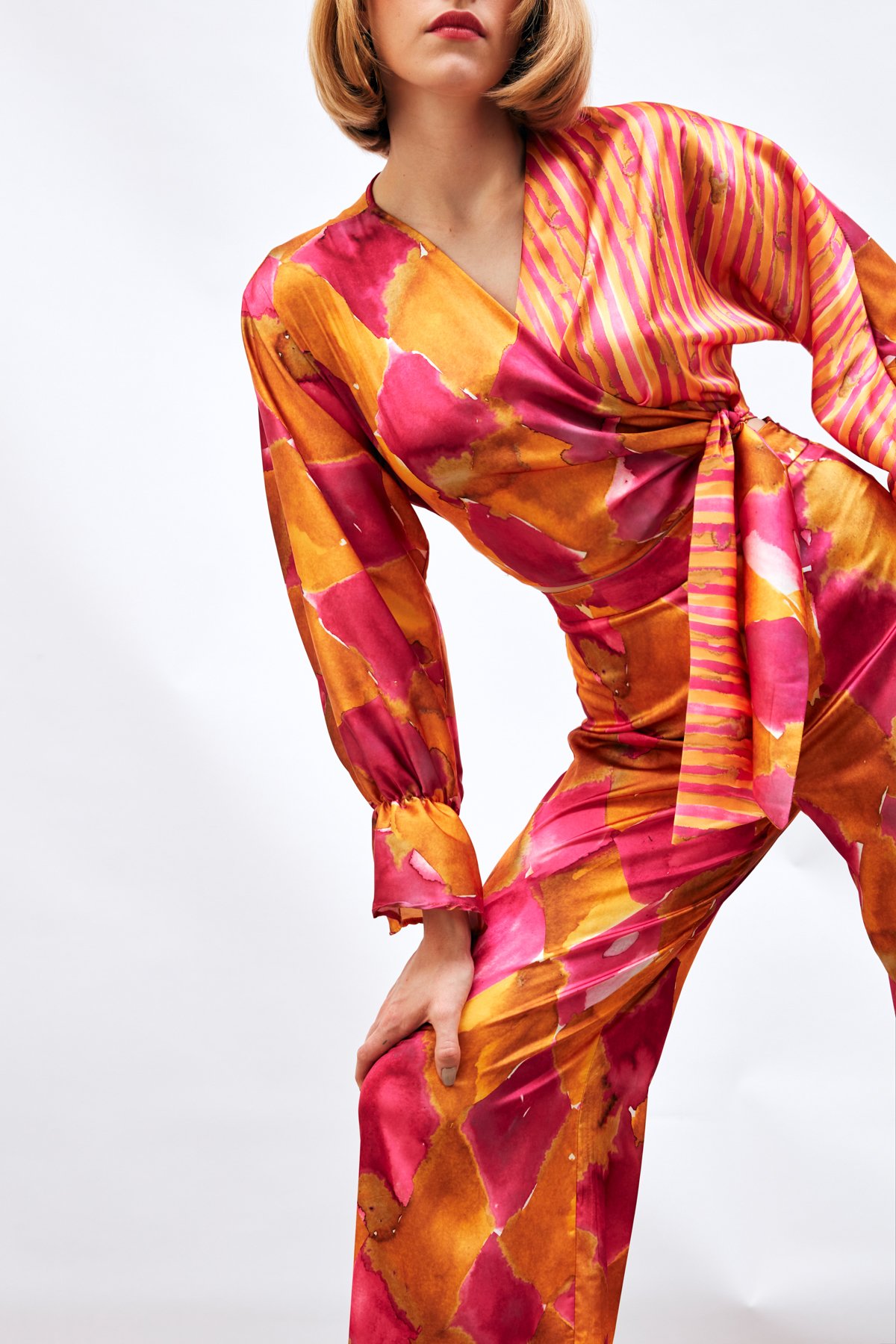 Yan Bağlamalı Desenli Bluz - FUŞYA