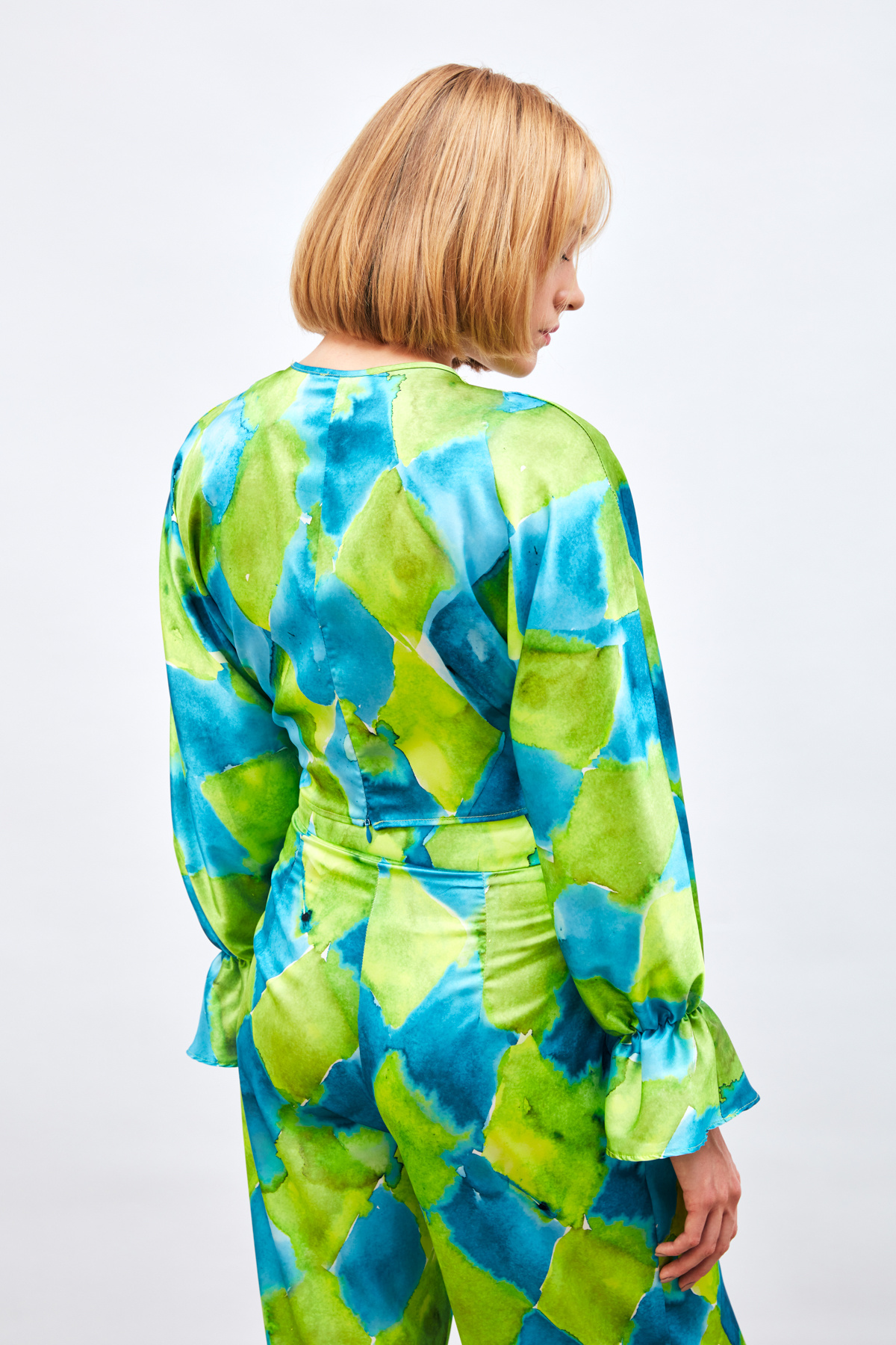 Yan Bağlamalı Desenli Bluz - MAVİ