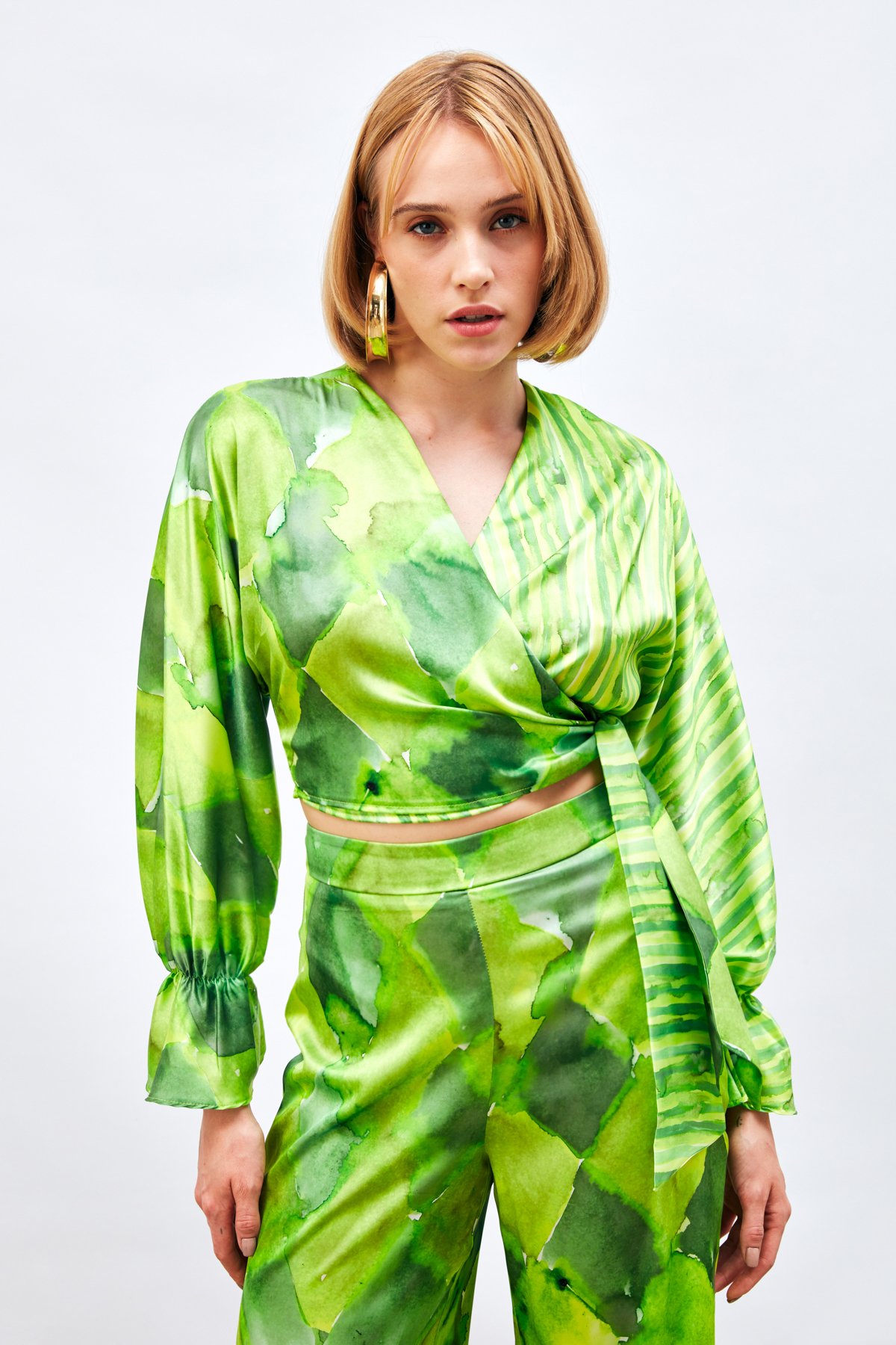 Yan Bağlamalı Desenli Bluz - YEŞİL