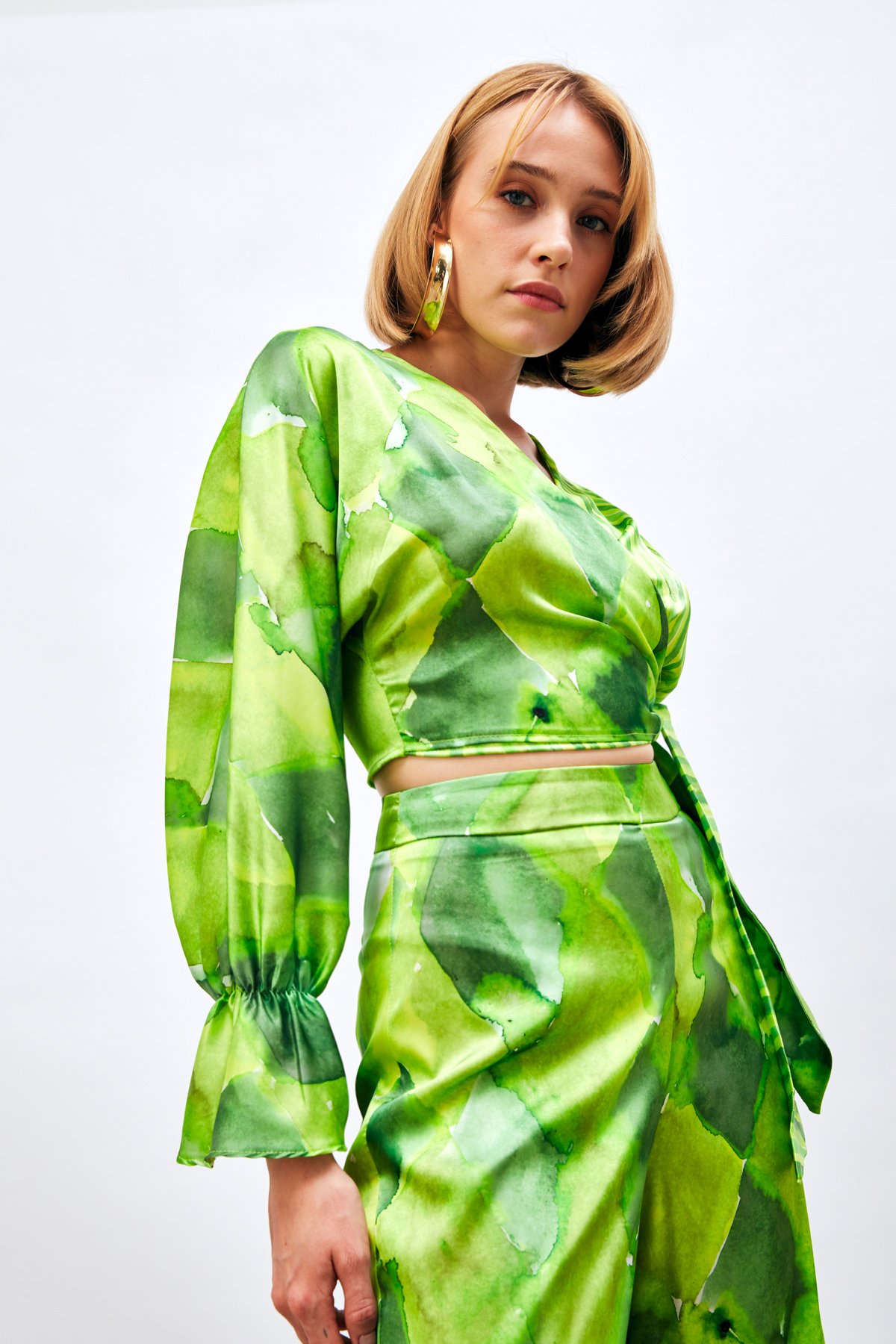 Yan Bağlamalı Desenli Bluz - YEŞİL