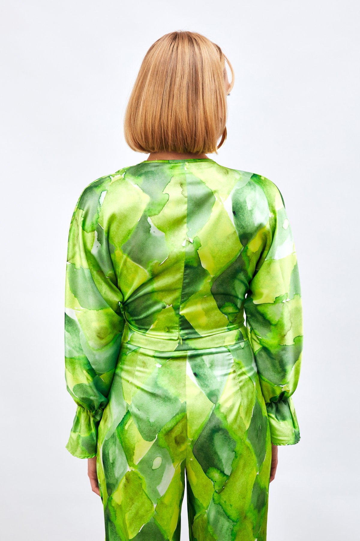 Yan Bağlamalı Desenli Bluz - YEŞİL