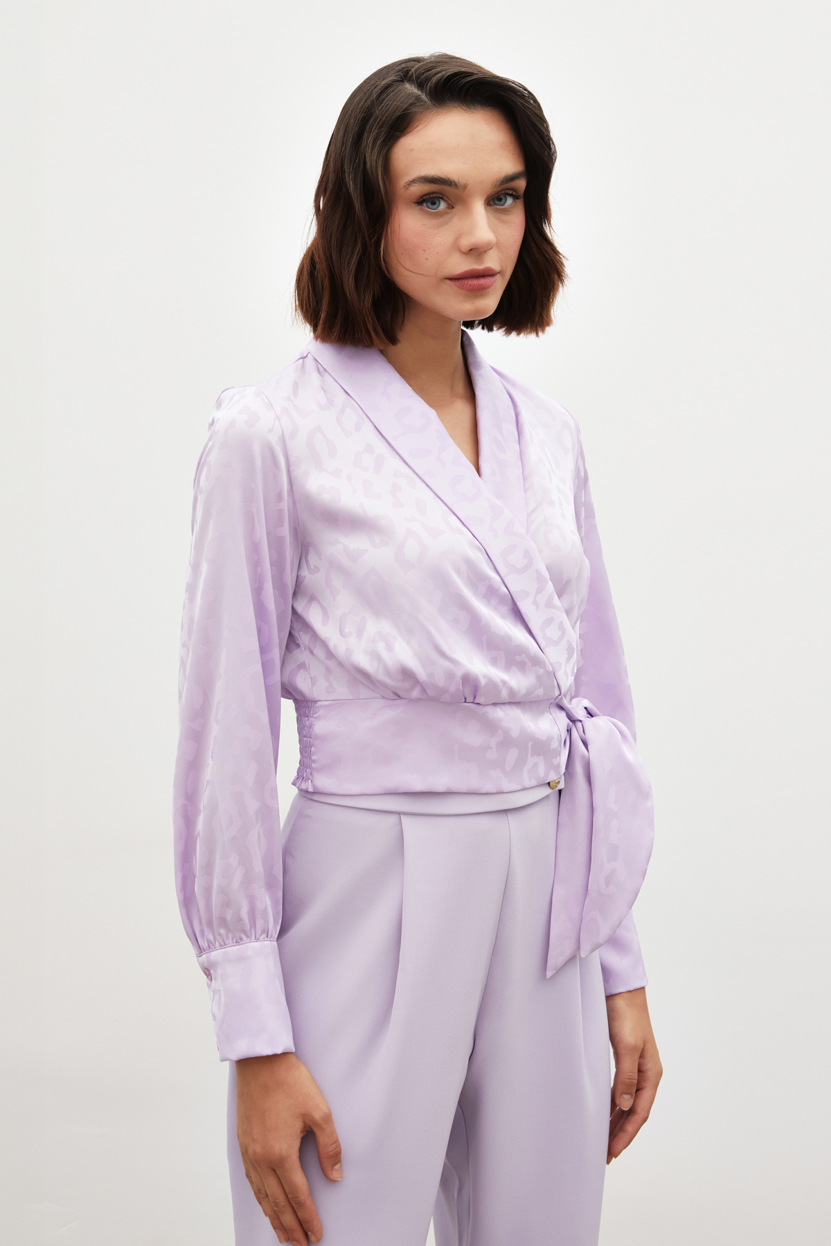 Yan Kuşaklı Saten Bluz - LİLA