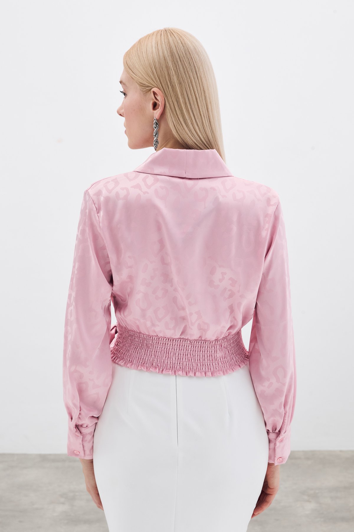 Yan Kuşaklı Saten Bluz - Pembe