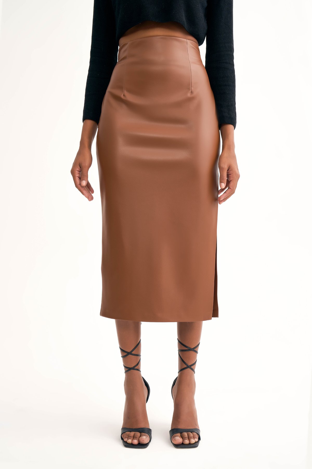 Yan yırtmaçlı deri kalem etek - KAHVE