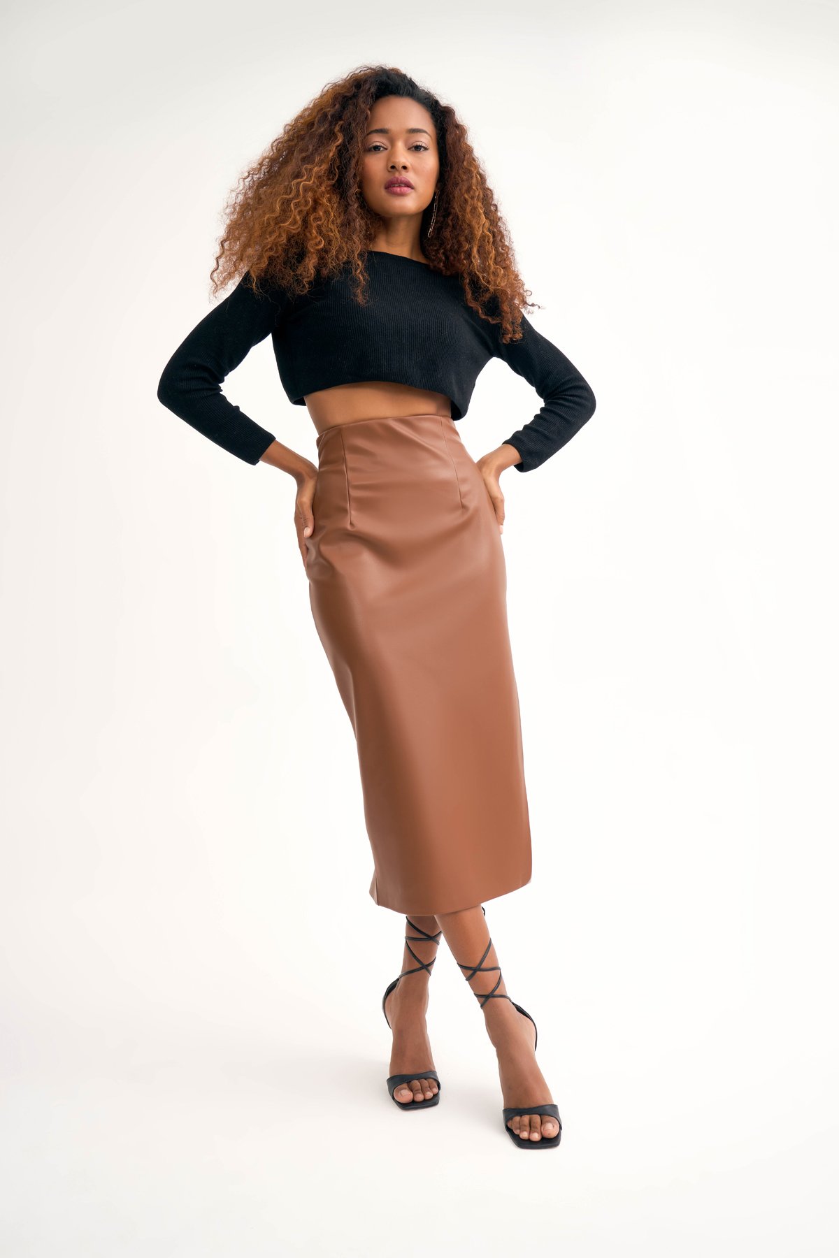 Yan yırtmaçlı deri kalem etek - KAHVE