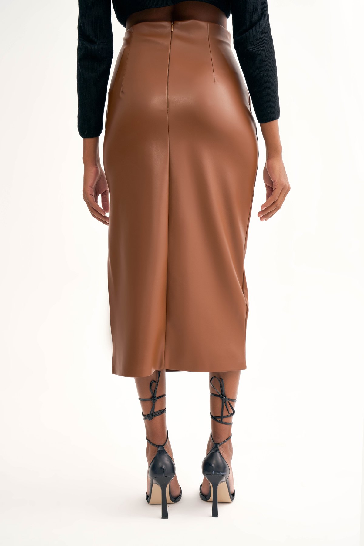 Yan yırtmaçlı deri kalem etek - KAHVE