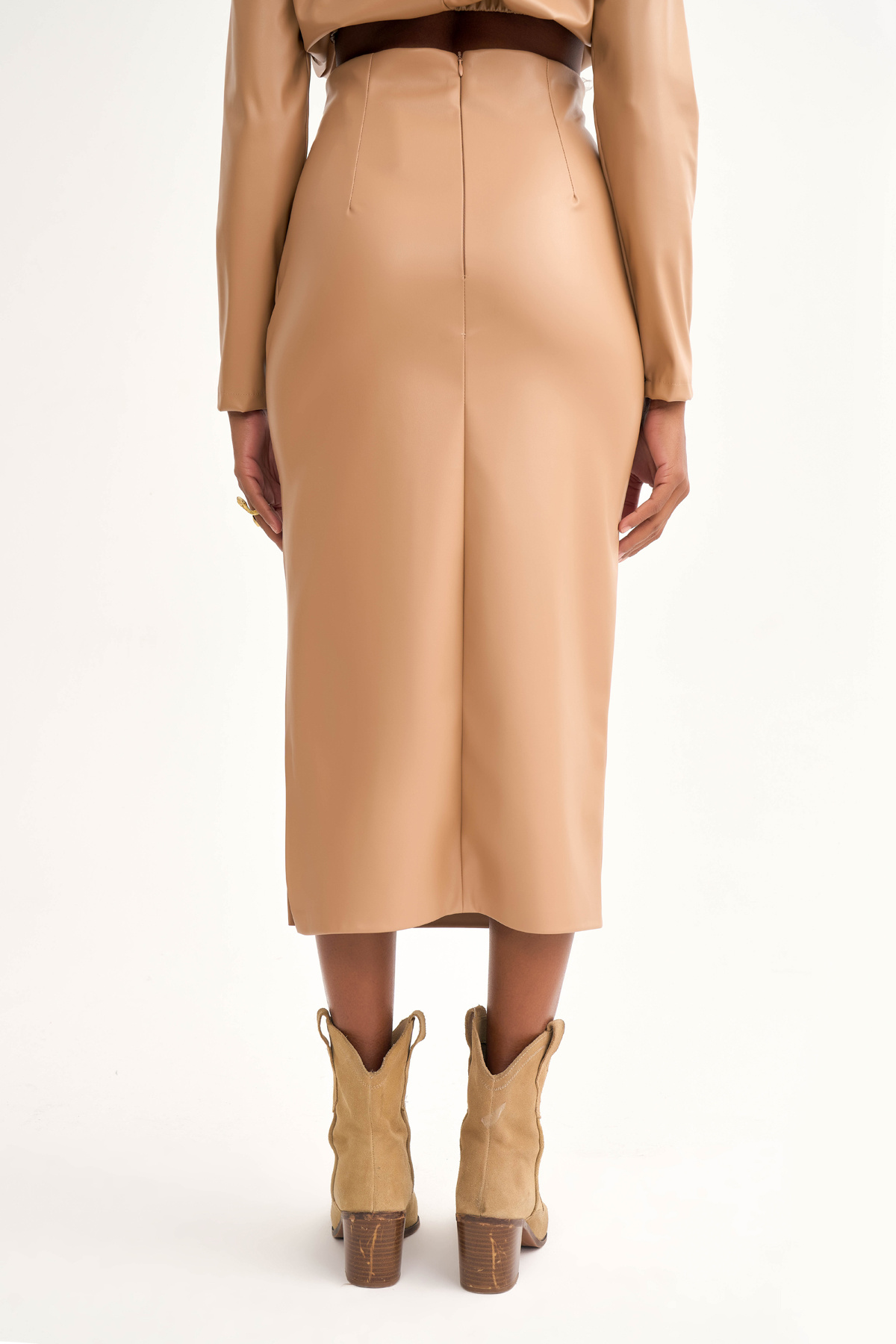 Yan yırtmaçlı deri kalem etek - TAŞ