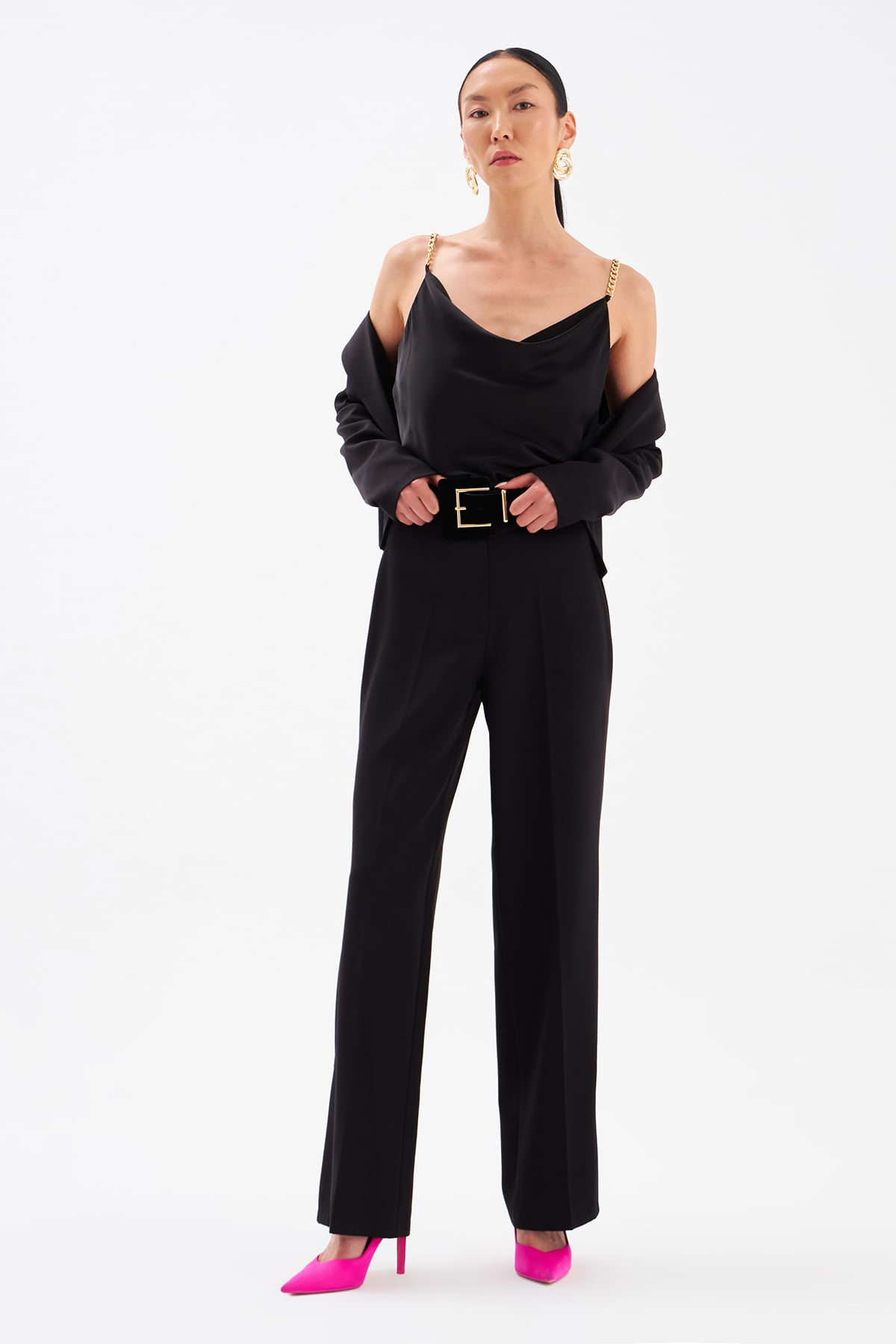 Side Slit Detailed Loose Trousers - BLACK