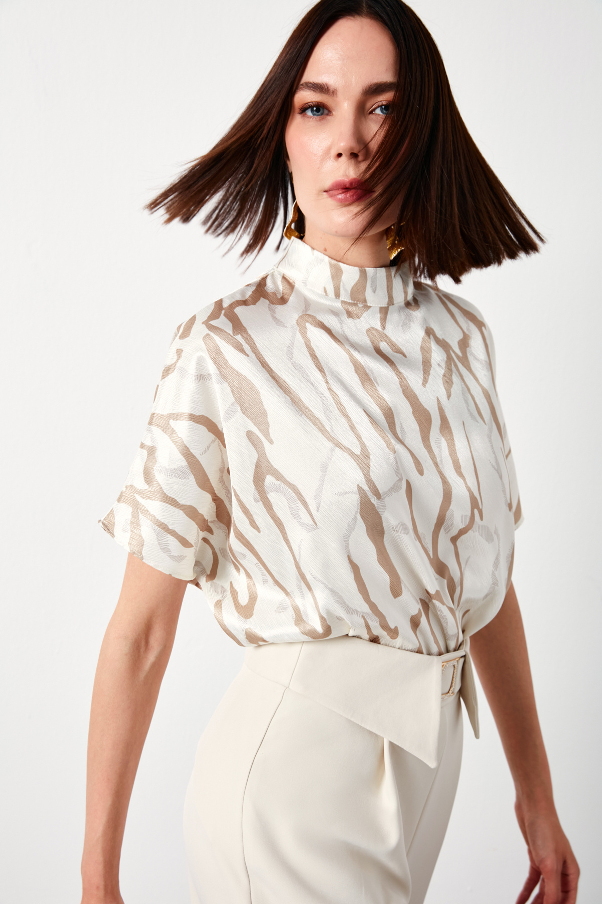 Bat Sleeve Patterned Blouse - DARK BEIGE