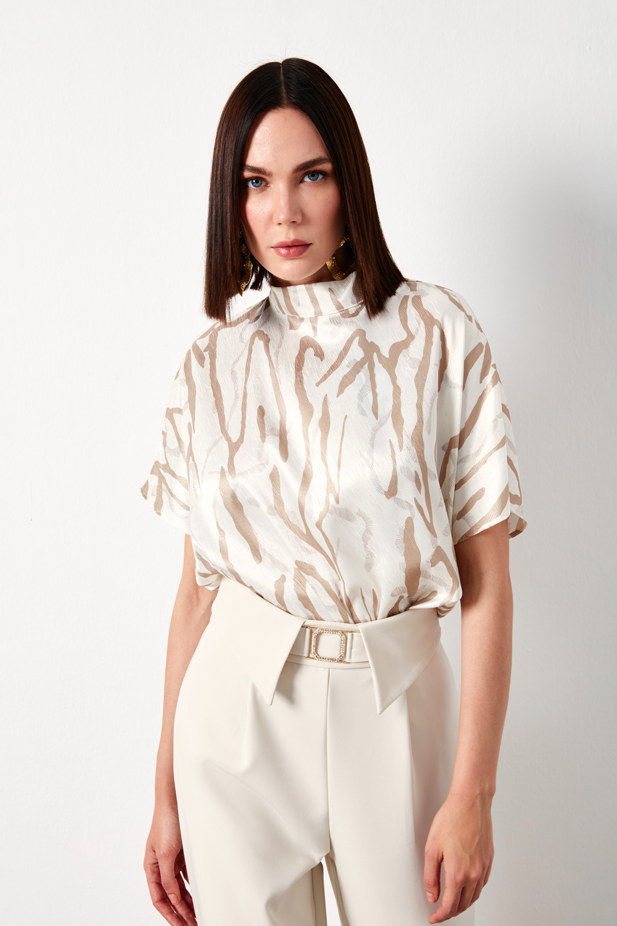 Bat Sleeve Patterned Blouse - DARK BEIGE