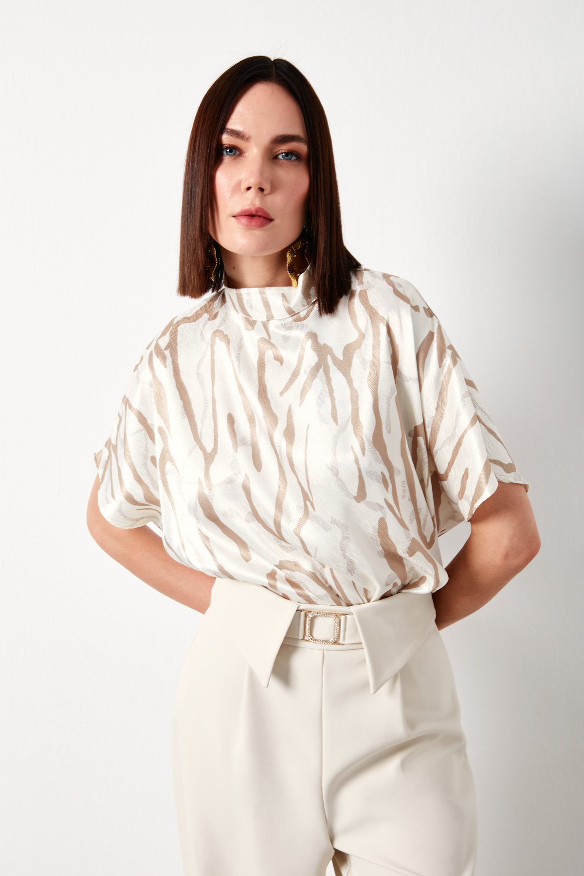 Bat Sleeve Patterned Blouse - DARK BEIGE