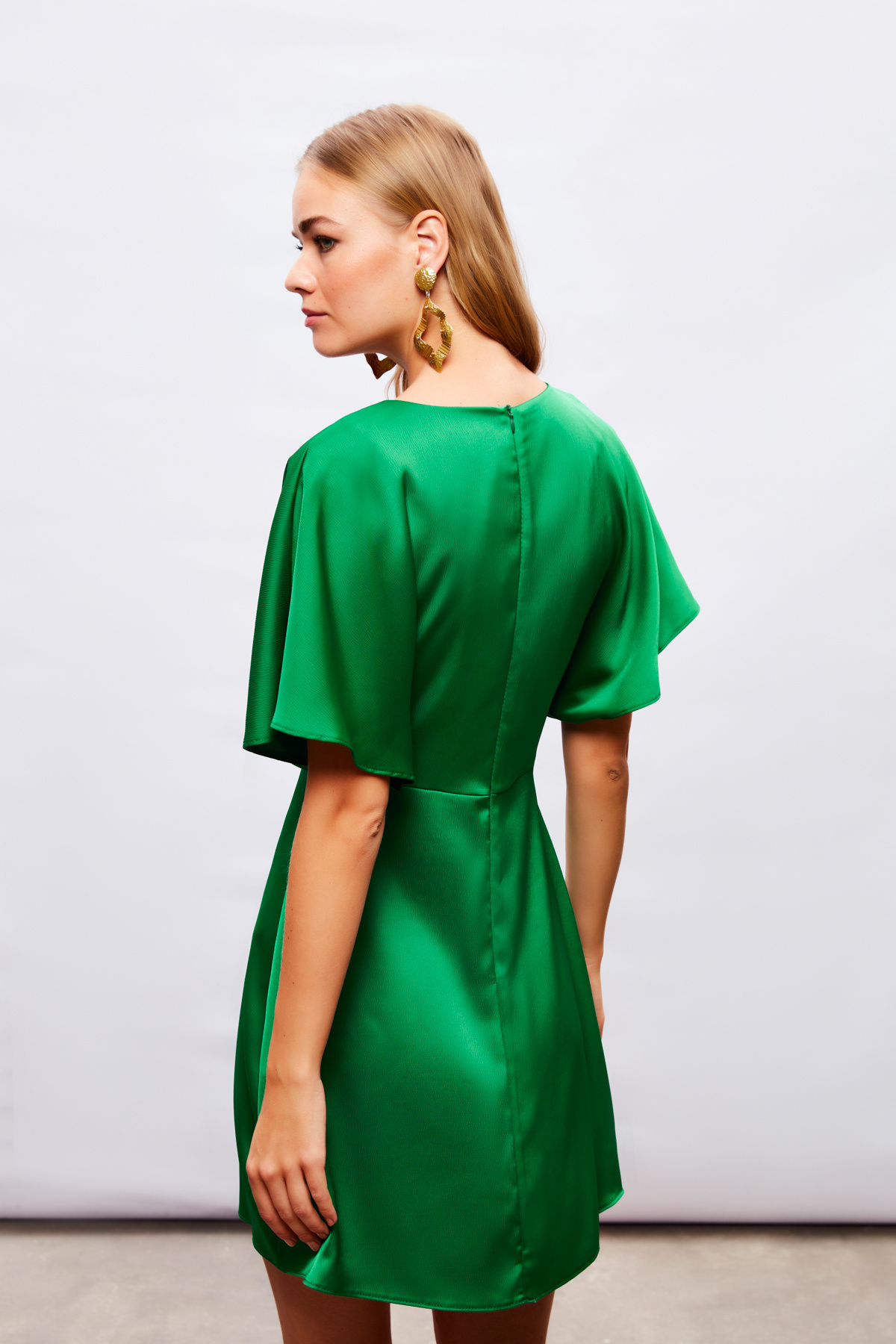 Yarasa Kol Mini Elbise - YEŞİL