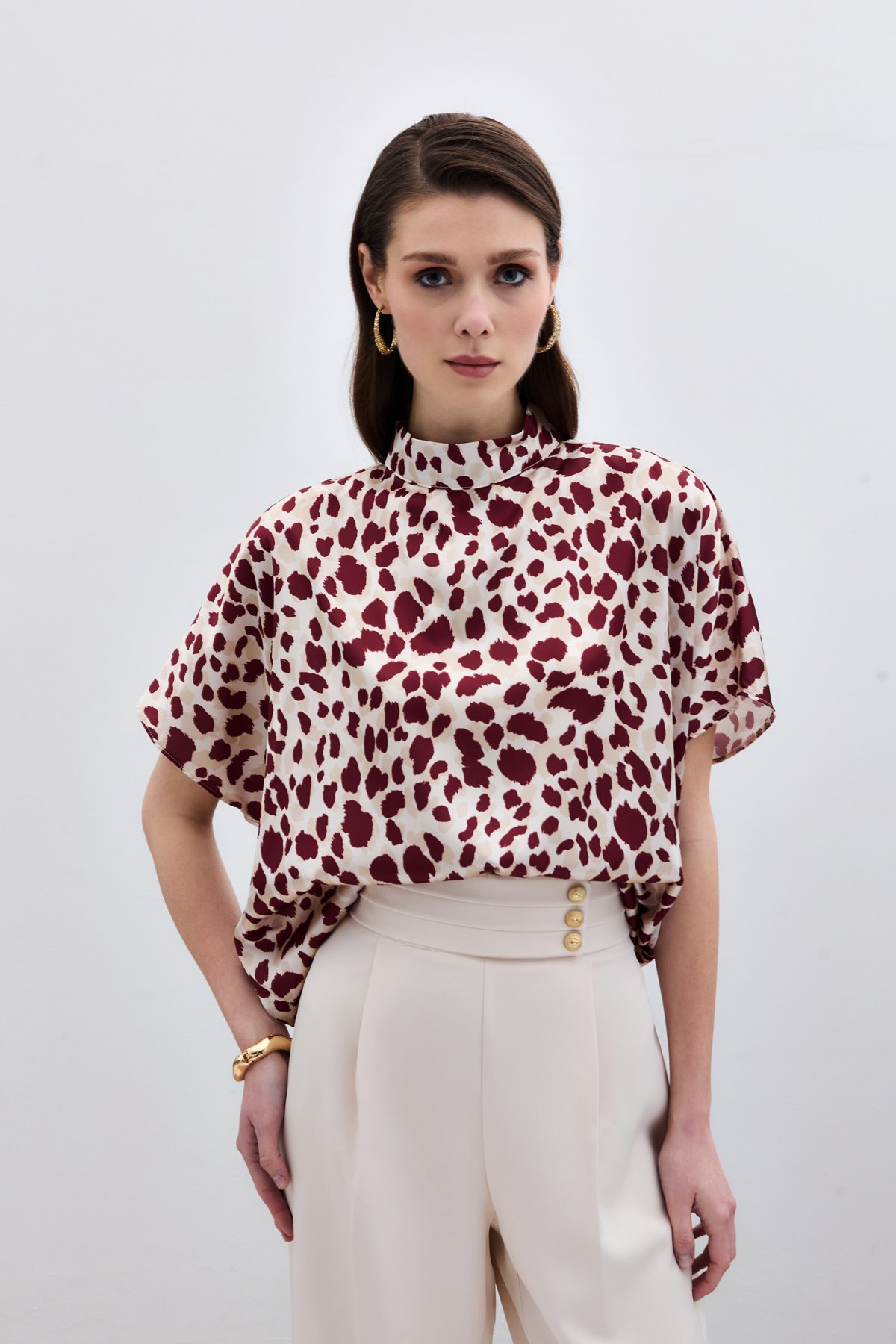 Yarasa Kol  Salaş Bluz - Bej-Bordo