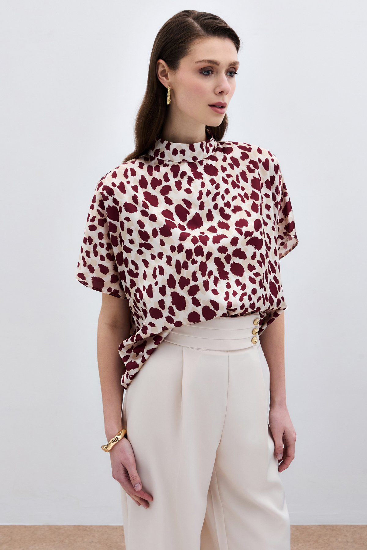 Yarasa Kol  Salaş Bluz - Bej-Bordo