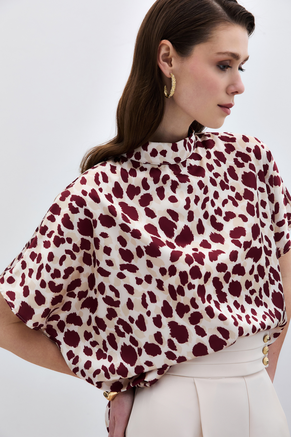 Yarasa Kol  Salaş Bluz - Bej-Bordo