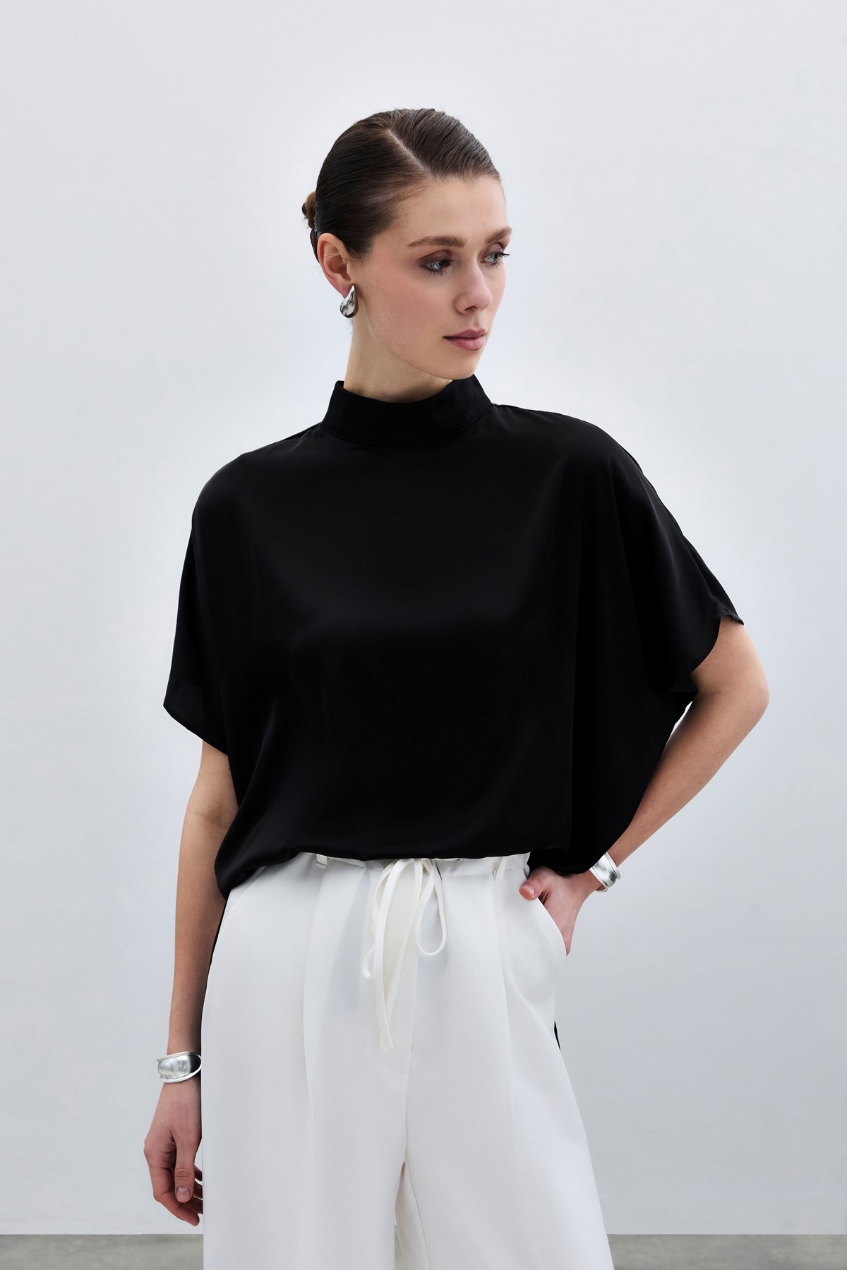 Yarasa Kol  Salaş Bluz - Düz Siyah