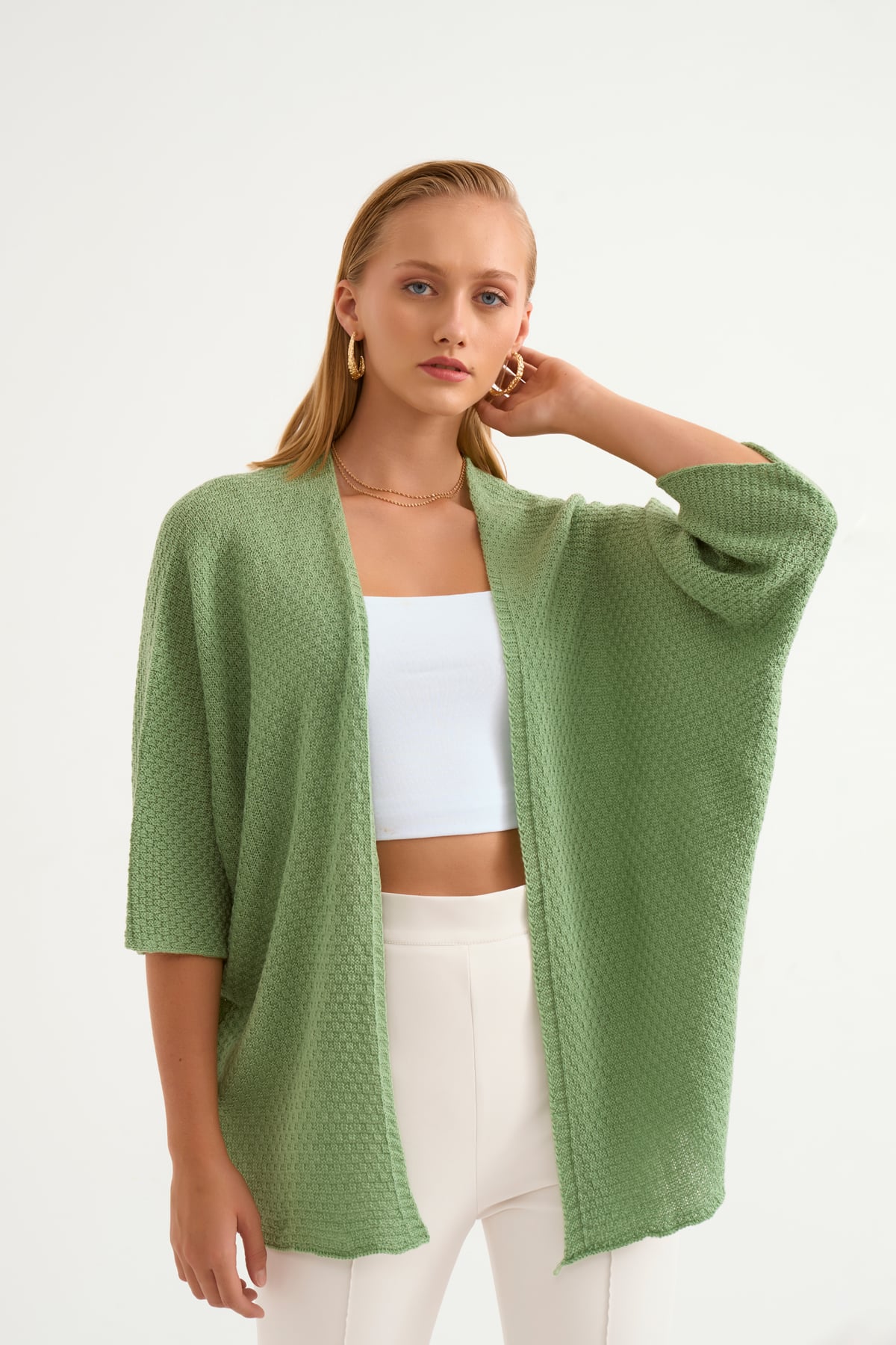 bat sleeve loose cardigan - GREEN ALMOND