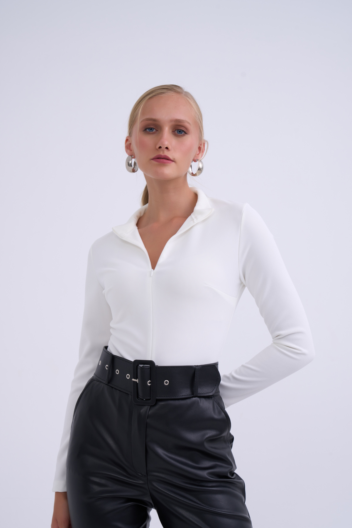 Yarım fermuarlı bodysuit - EKRU