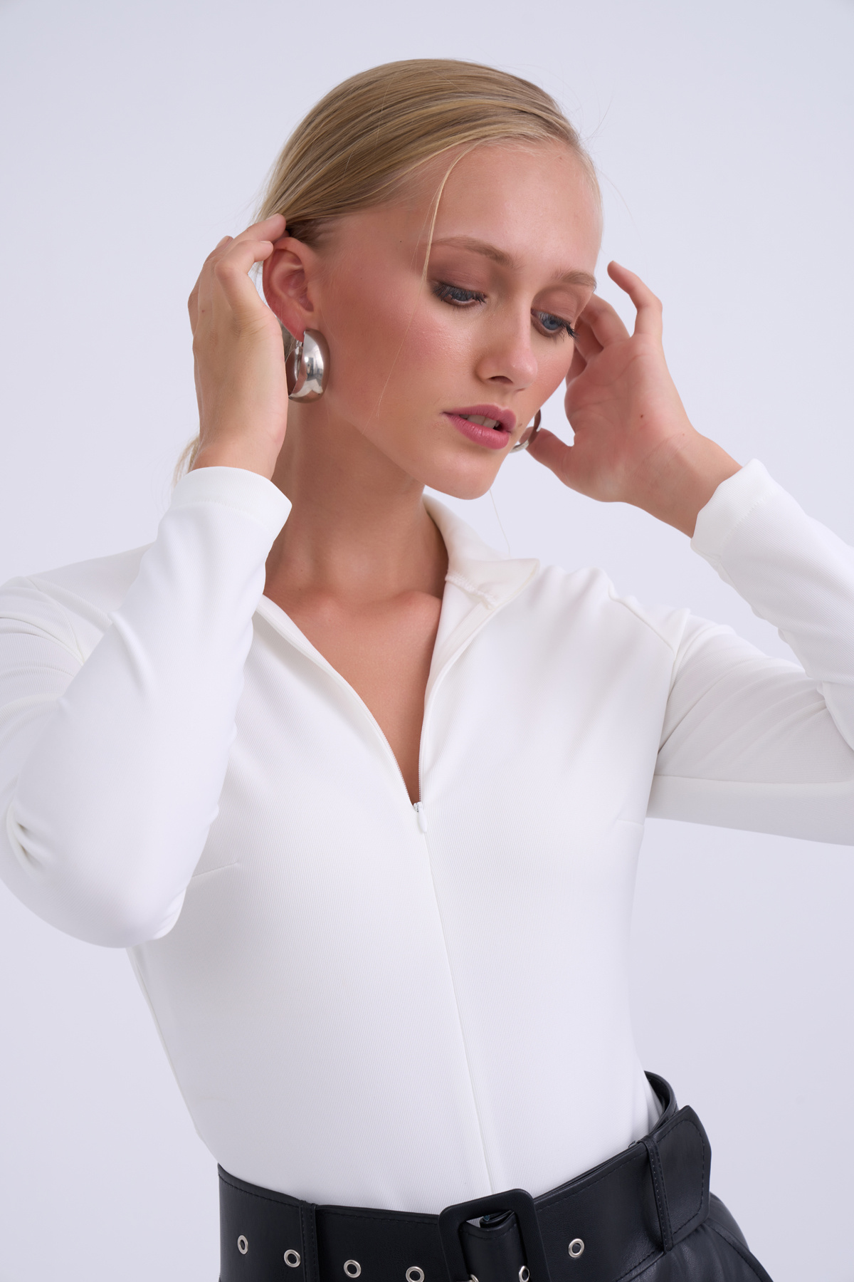 Yarım fermuarlı bodysuit - EKRU