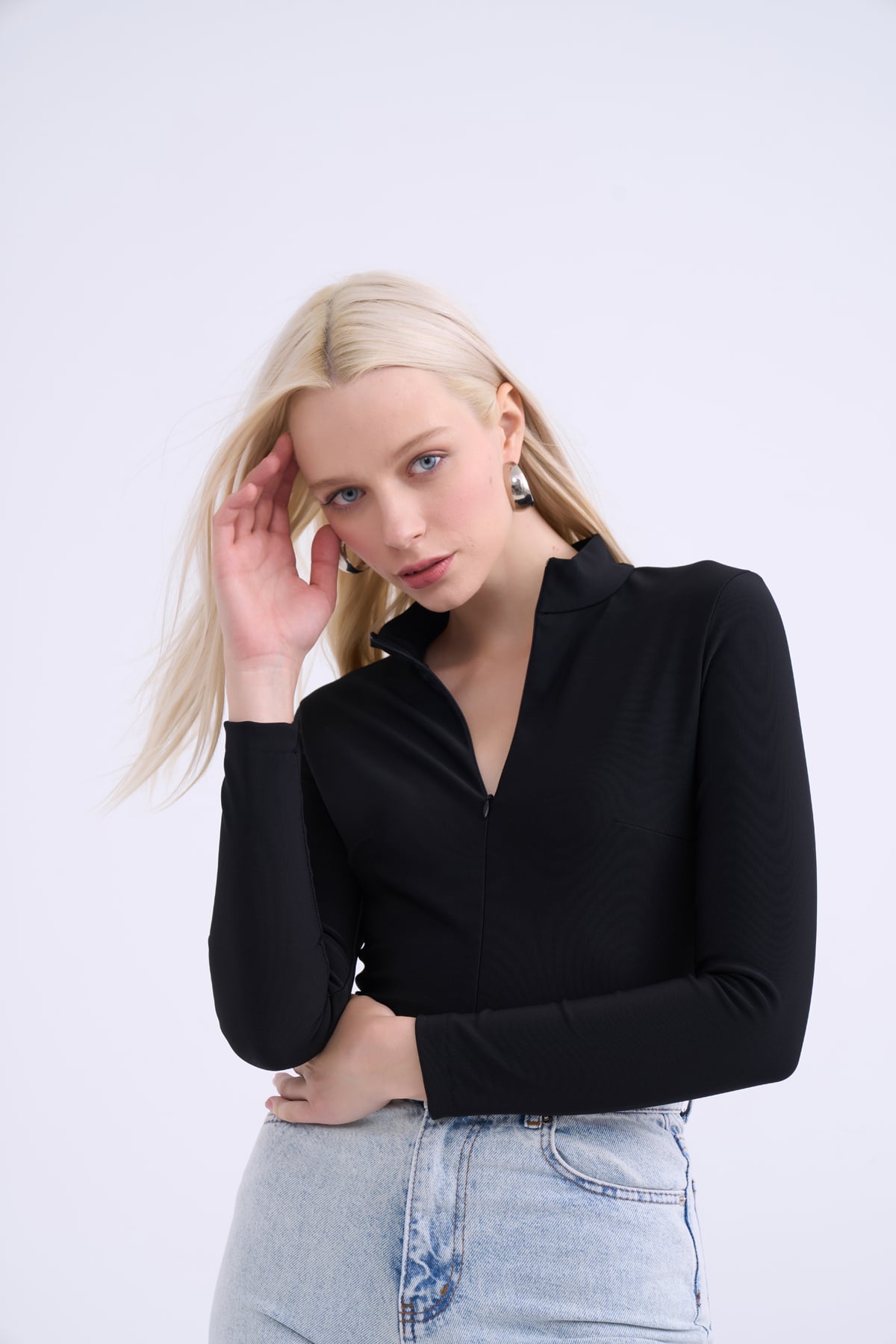 Half zipper bodysuit - BLACK