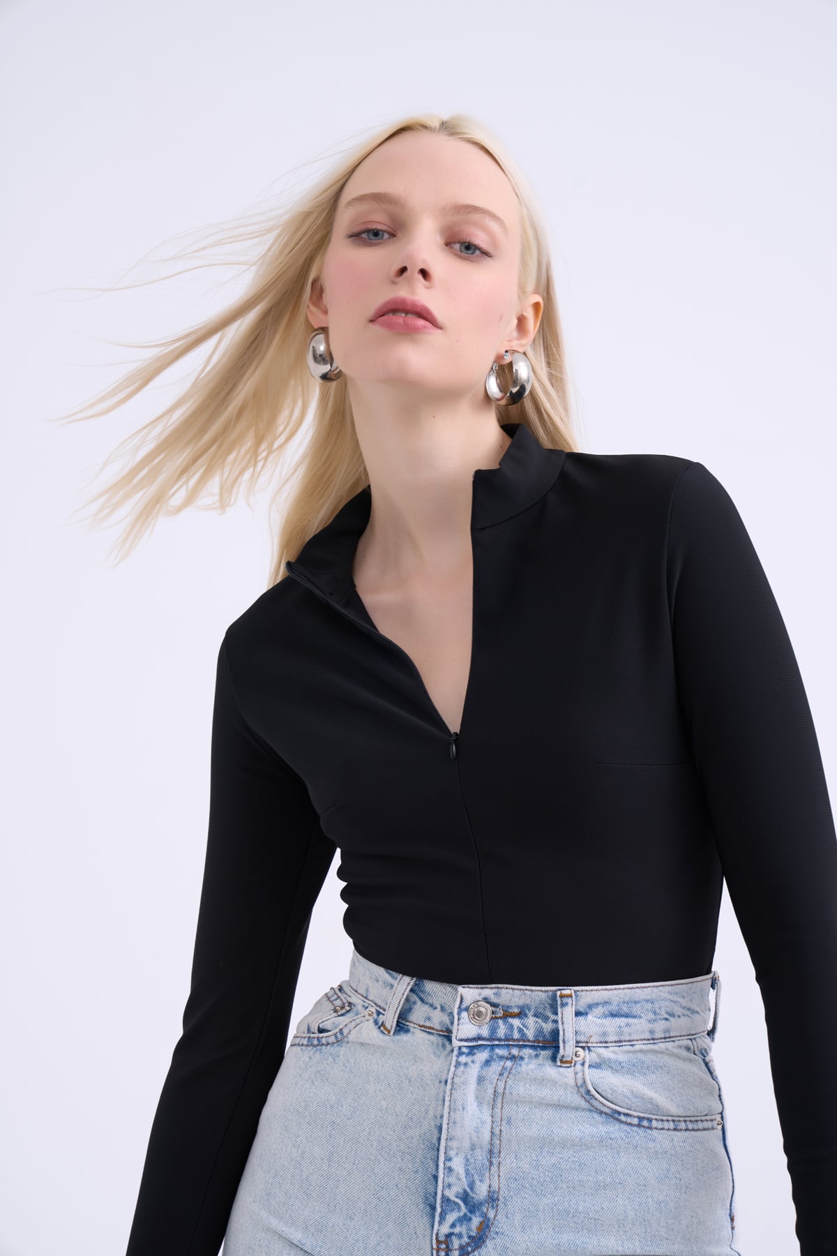 Half zipper bodysuit - BLACK