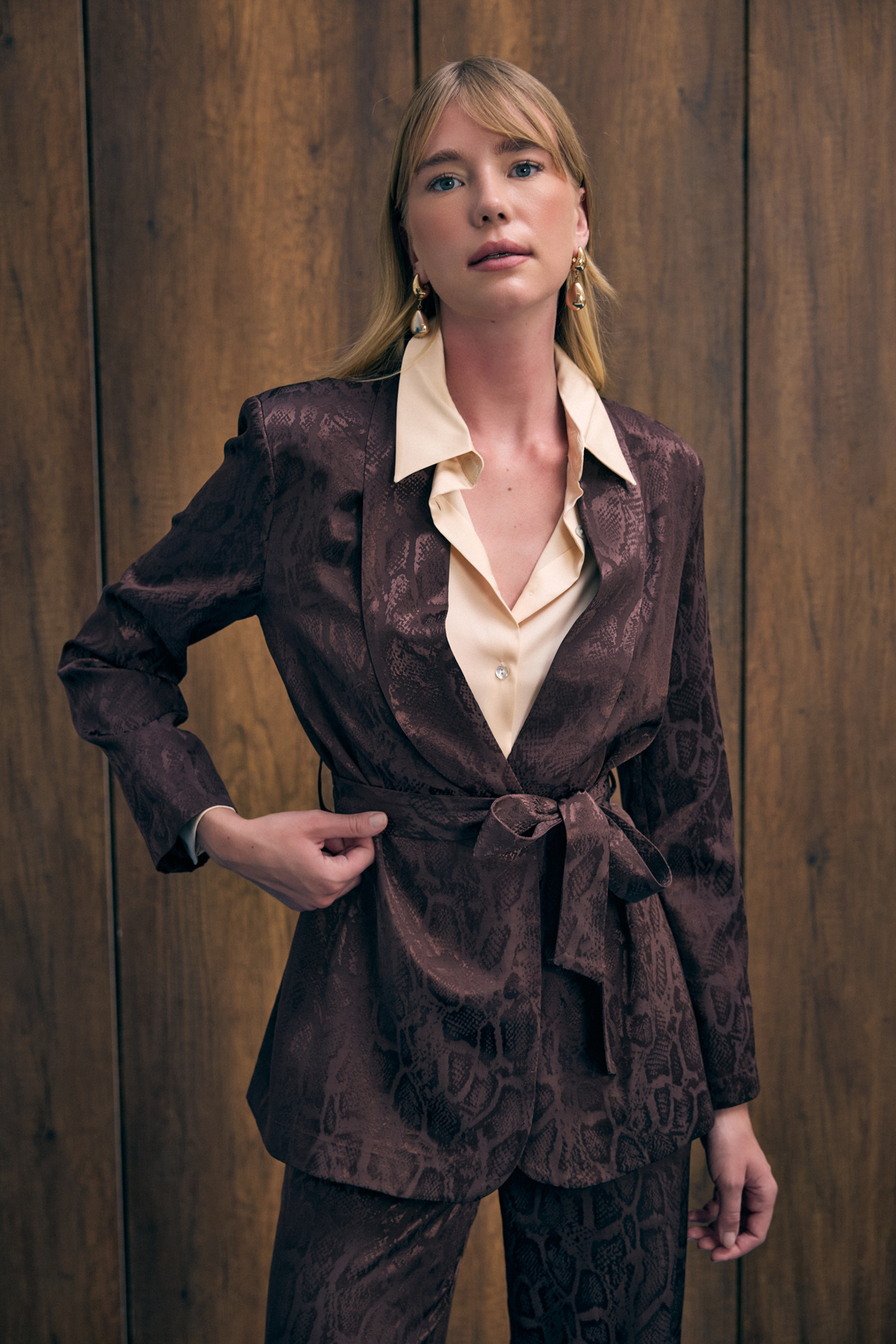 Yılan Desenli Uzun Ceket - Kahve