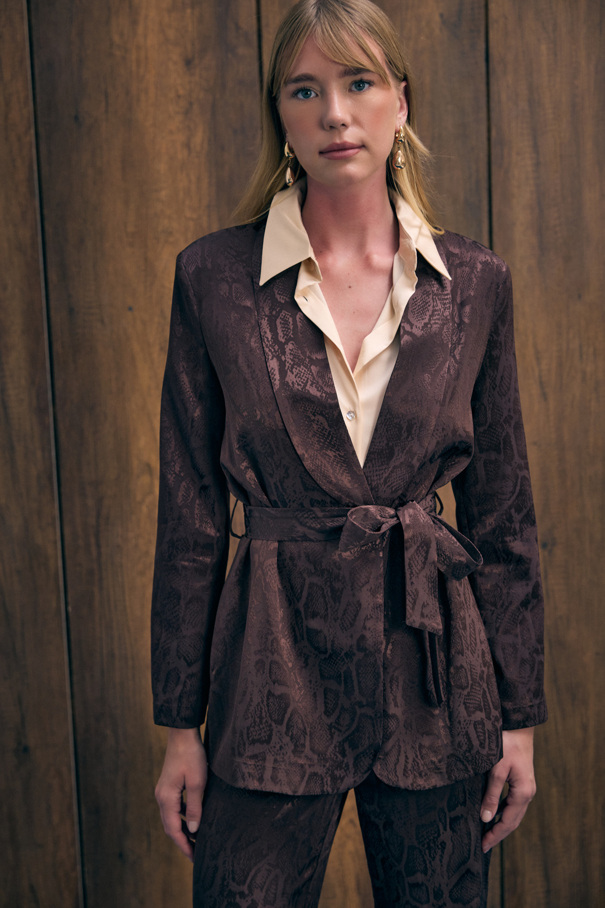 Yılan Desenli Uzun Ceket - Kahve