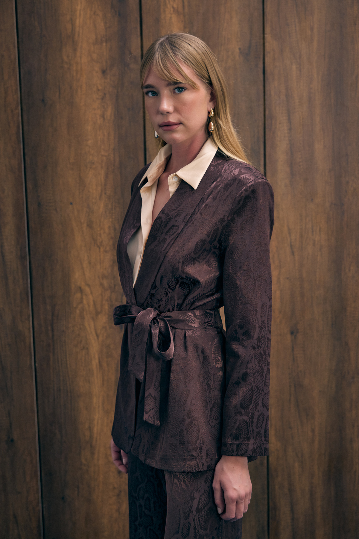 Yılan Desenli Uzun Ceket - Kahve