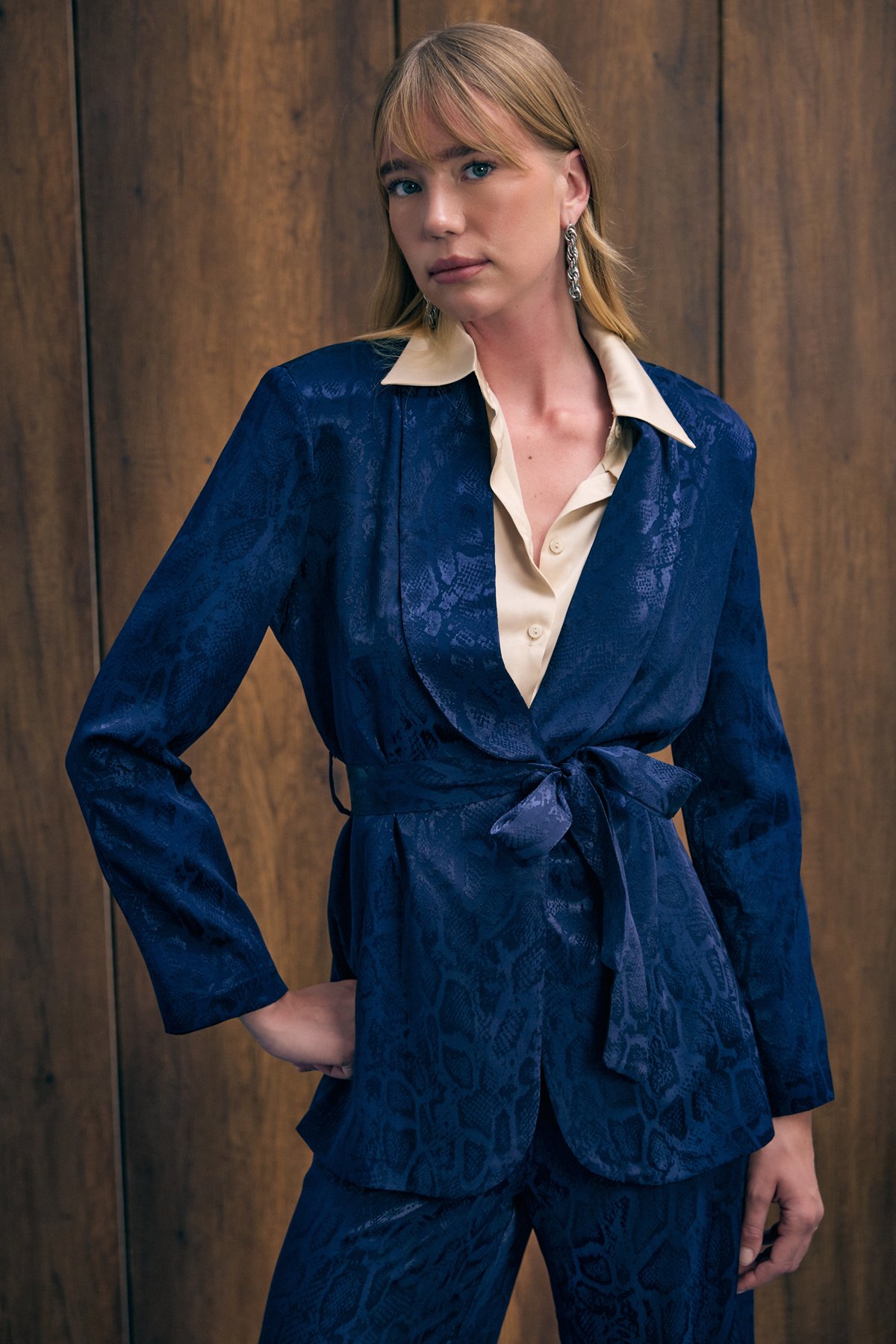 Yılan Desenli Uzun Ceket - Lacivert