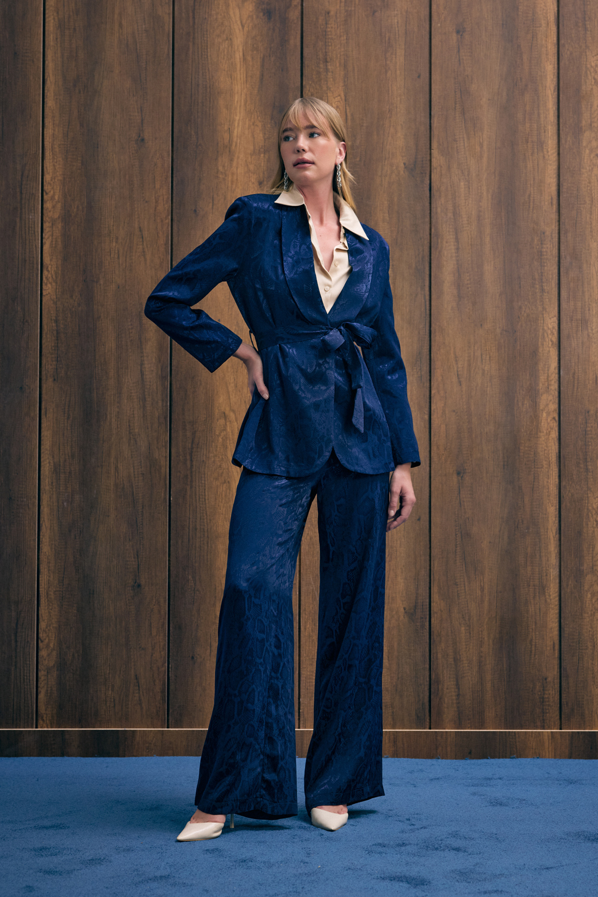 Yılan Desenli Uzun Ceket - Lacivert