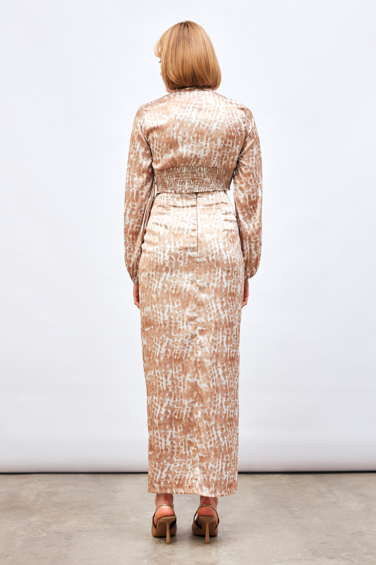 Yırtmaç Detaylı Desenli Midi Etek - KAHVE