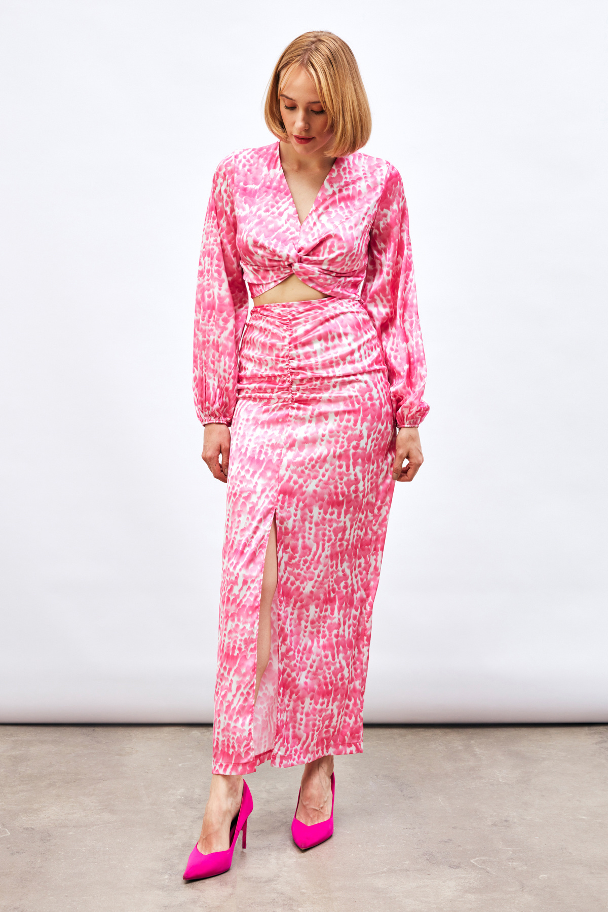 Yırtmaç Detaylı Desenli Midi Etek - PEMBE