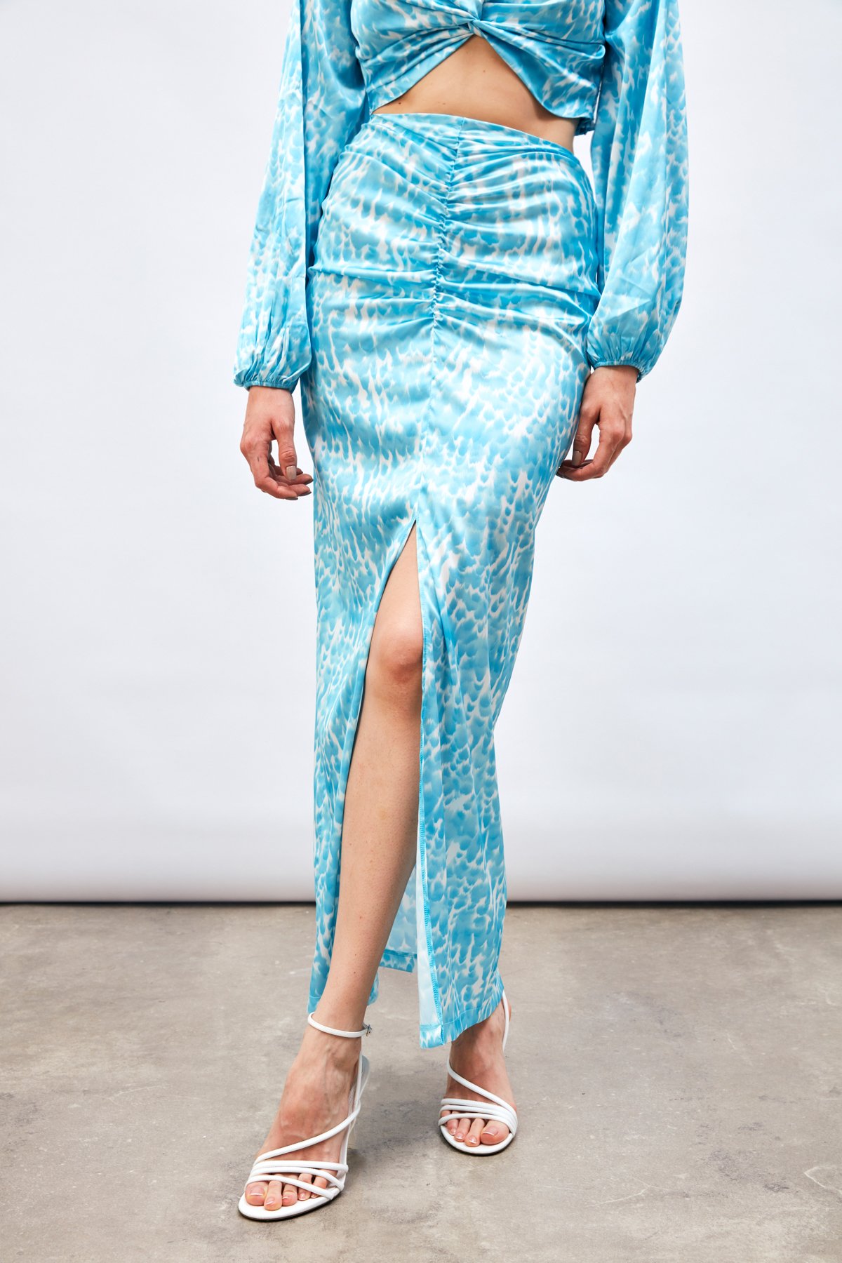 Yırtmaç Detaylı Desenli Midi Etek - TURKUAZ