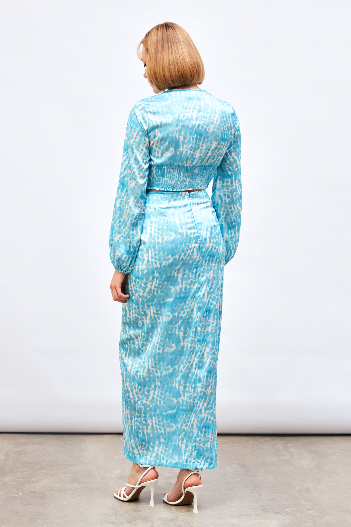 Yırtmaç Detaylı Desenli Midi Etek - TURKUAZ