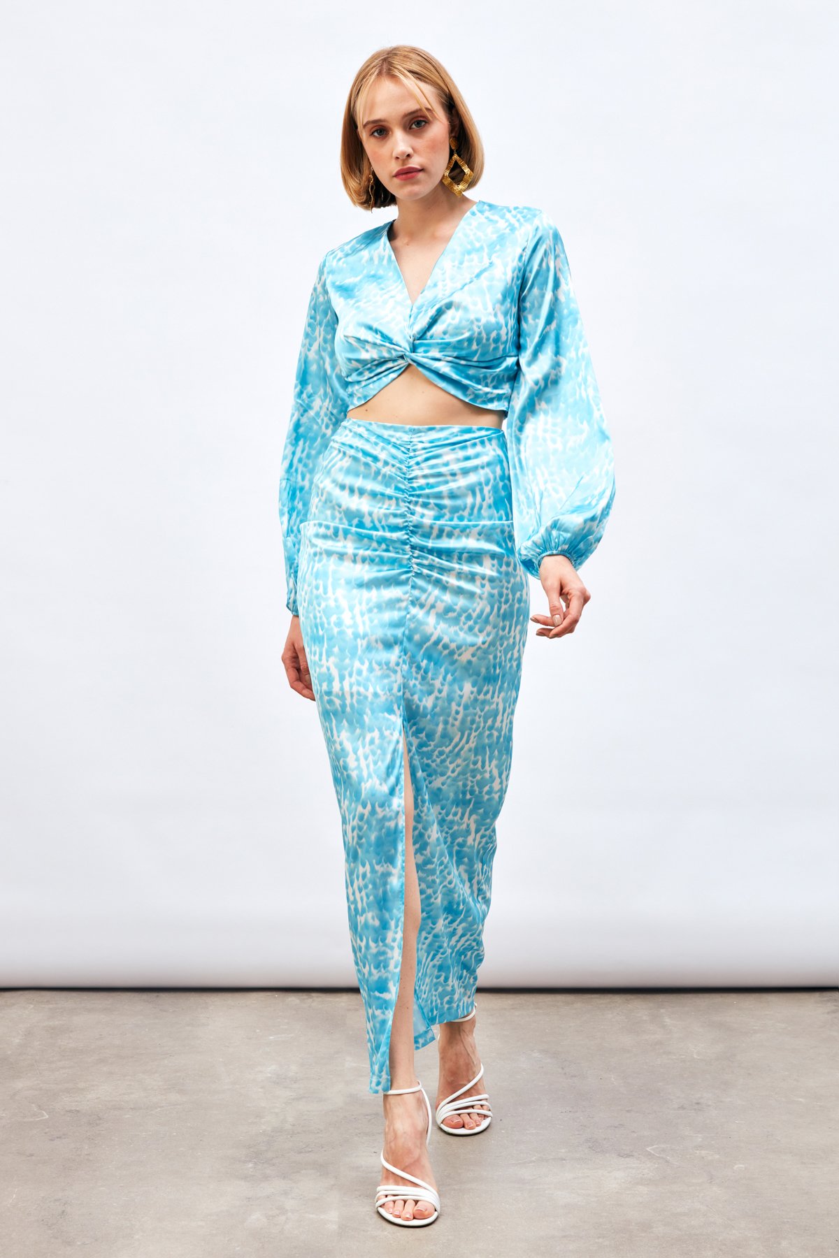 Yırtmaç Detaylı Desenli Midi Etek - TURKUAZ