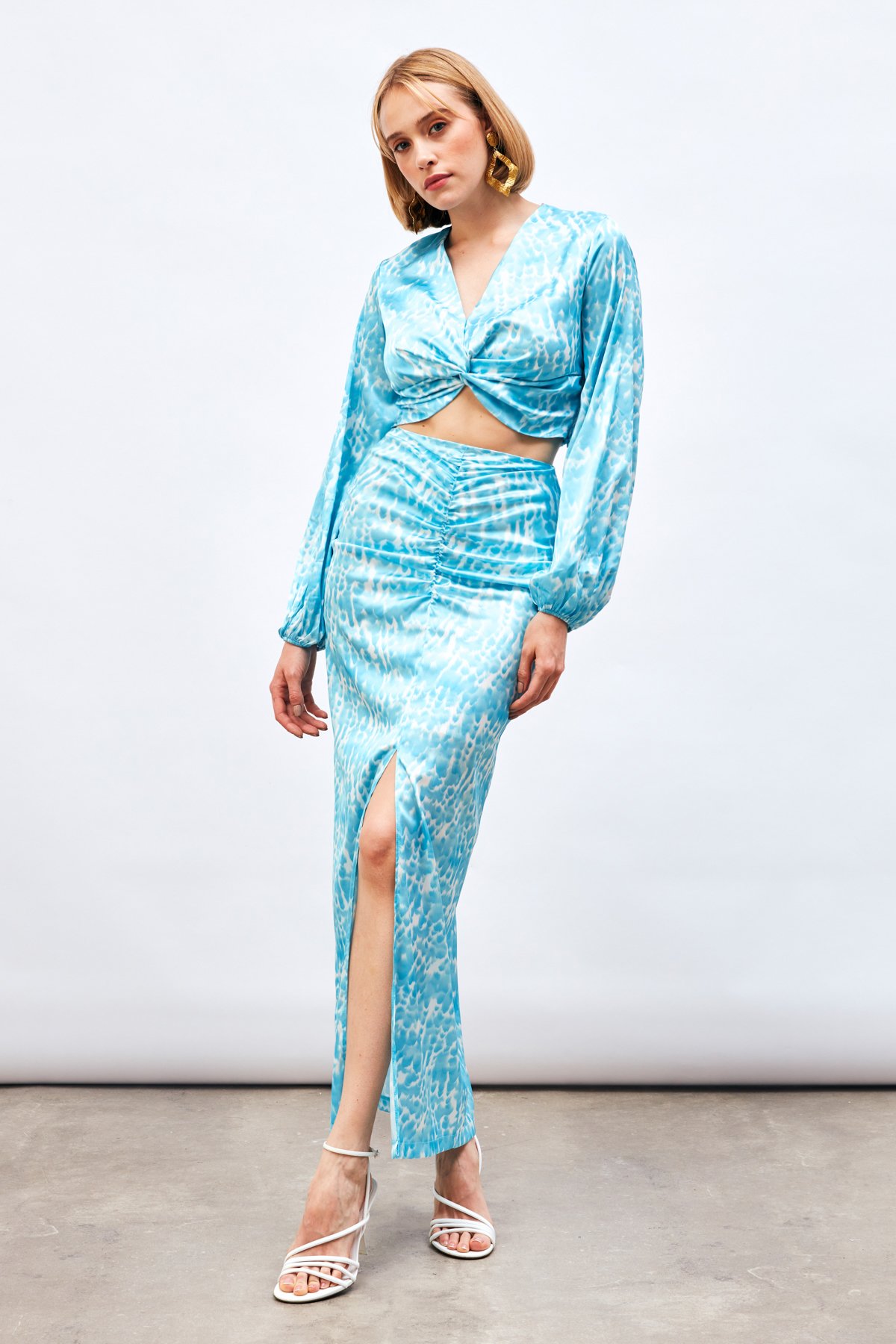 Yırtmaç Detaylı Desenli Midi Etek - TURKUAZ