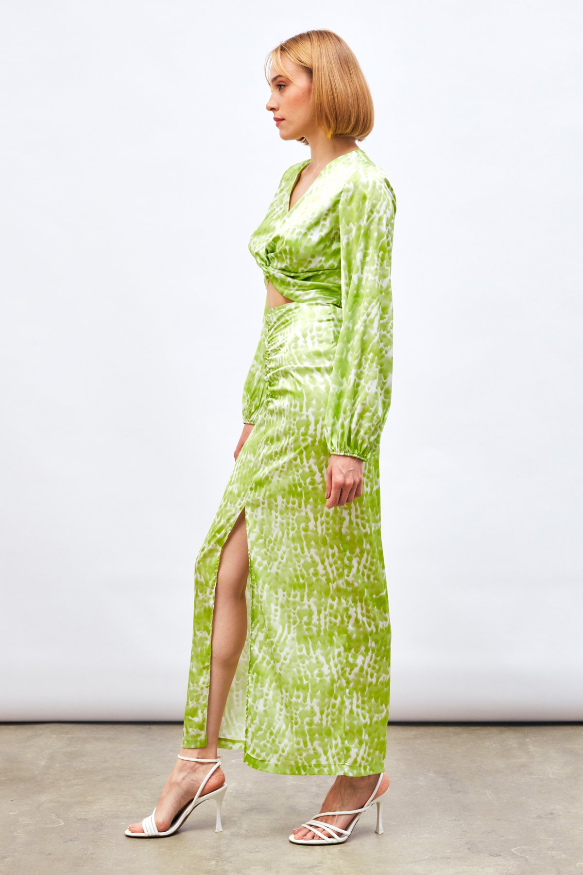 Yırtmaç Detaylı Desenli Midi Etek - YAĞ YEŞİLİ