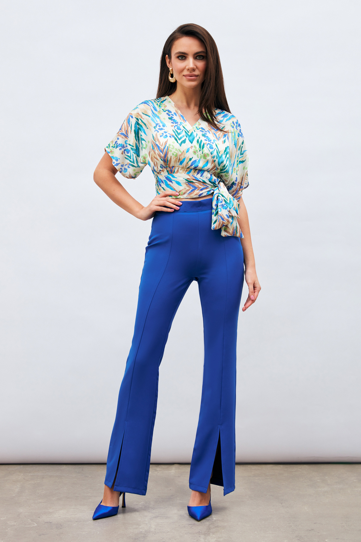 Yırtmaç Detaylı İspanyol Pantolon - SAX MAVİ