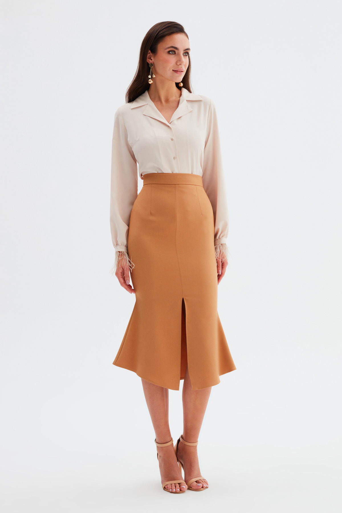 Yırtmaç Detaylı Kloş Etek - CAMEL