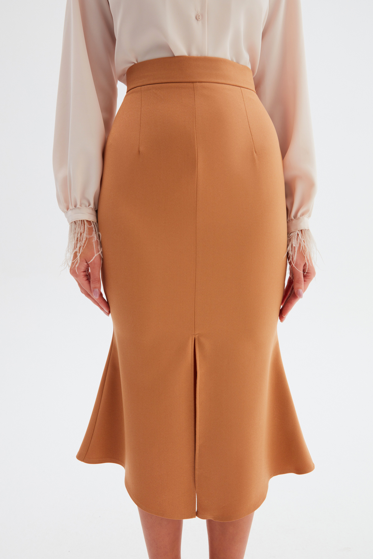 Yırtmaç Detaylı Kloş Etek - CAMEL