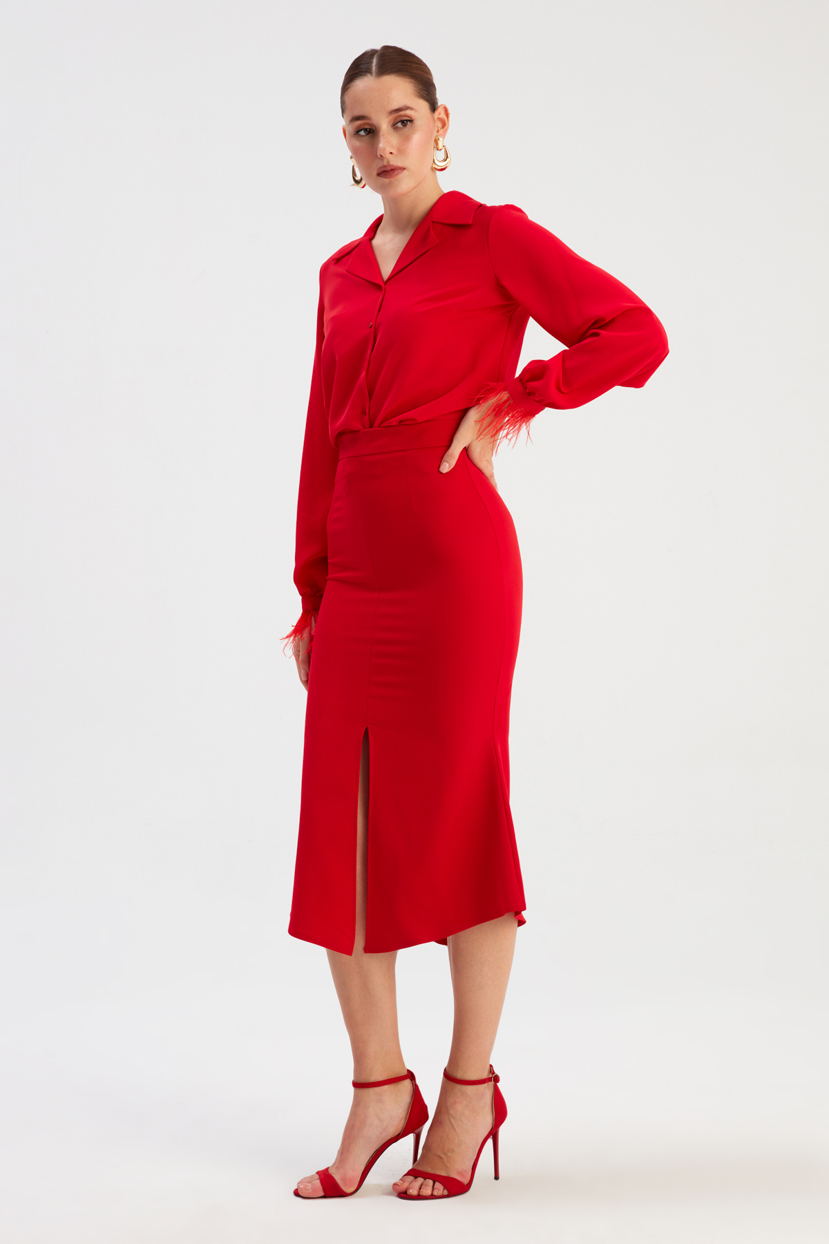 Slit Detailed Flared Skirt - RED