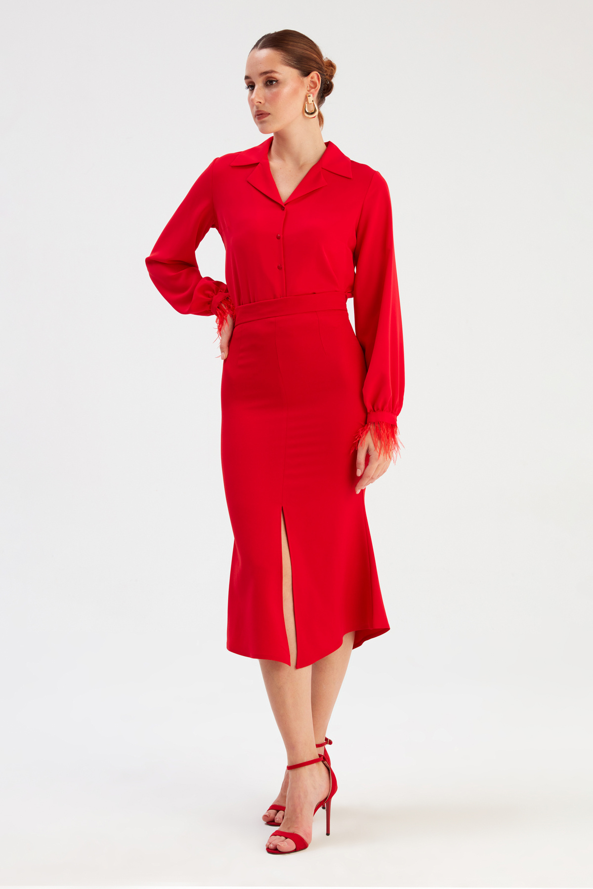 Slit Detailed Flared Skirt - RED