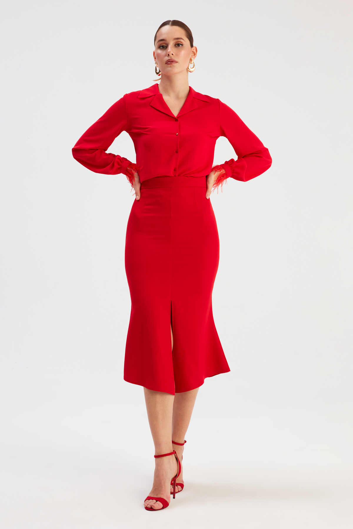 Slit Detailed Flared Skirt - RED