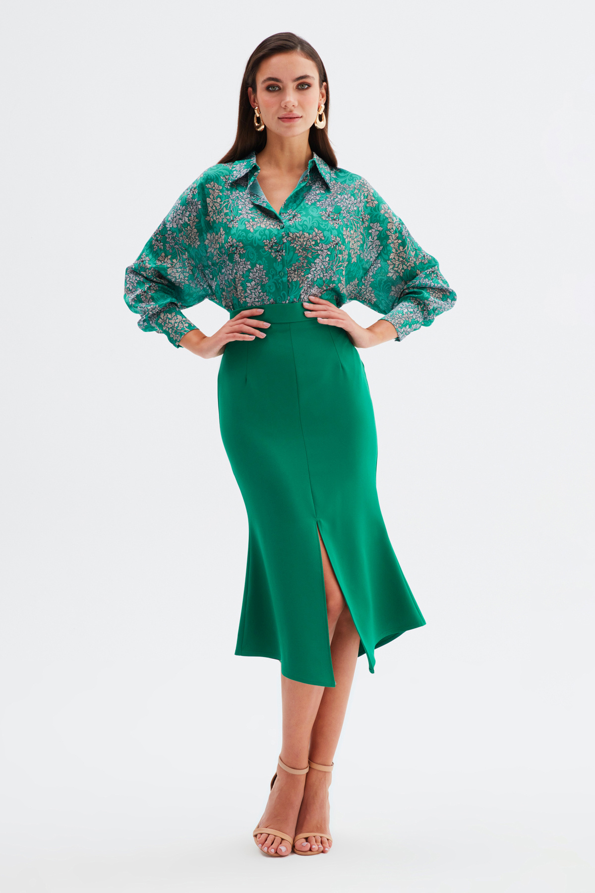 Yırtmaç Detaylı Kloş Etek - ZÜMRÜT