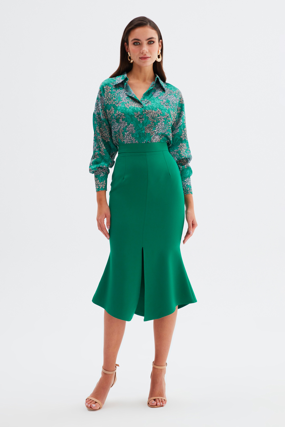 Yırtmaç Detaylı Kloş Etek - ZÜMRÜT