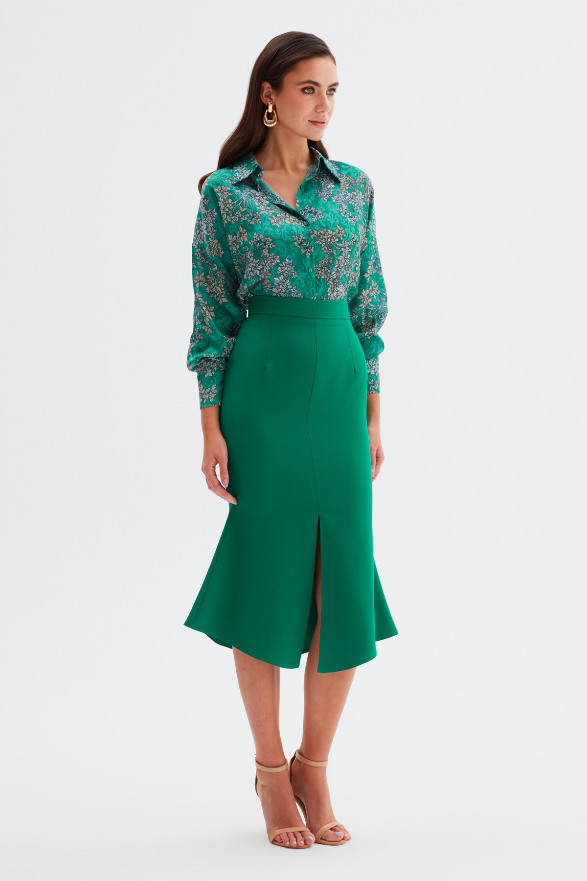 Yırtmaç Detaylı Kloş Etek - ZÜMRÜT