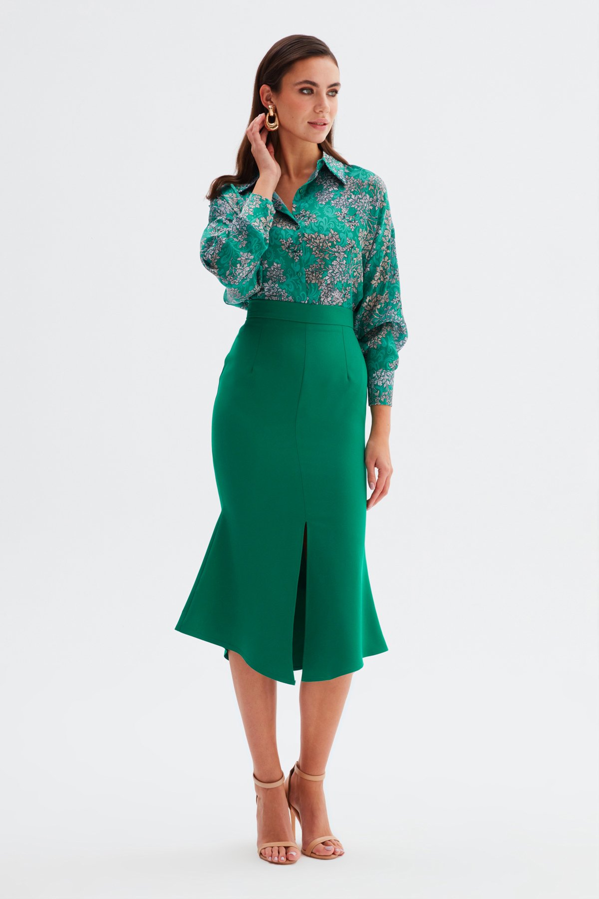 Yırtmaç Detaylı Kloş Etek - ZÜMRÜT